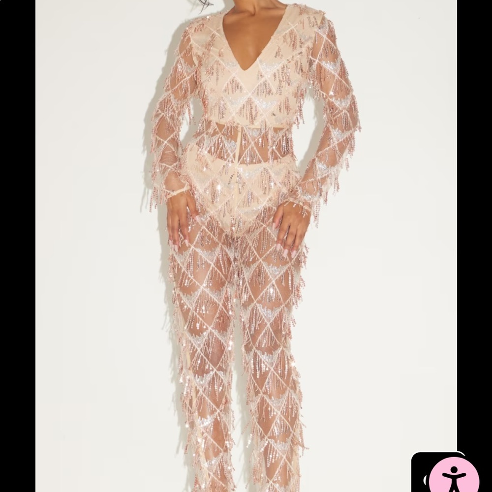 Rose Gold Tassel Sequin Plunge Jumpsuit